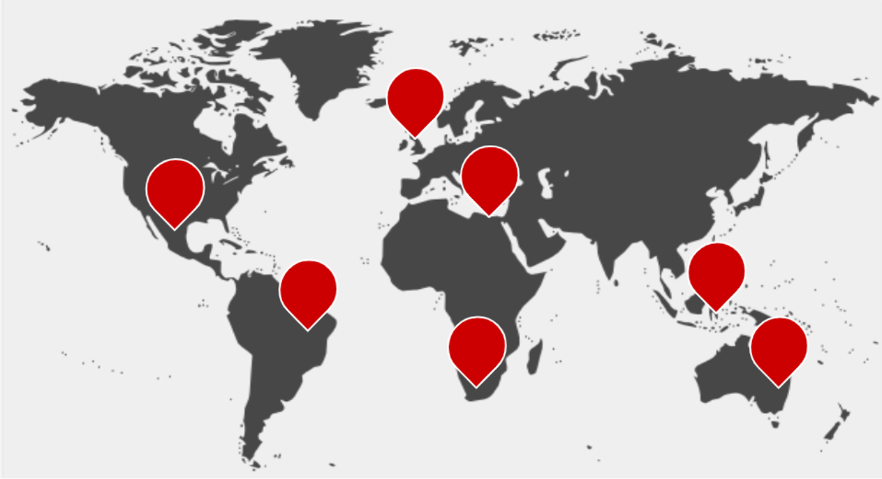 map of the world with pins in North America, South America, Europe, Africa, Asia, and Australia