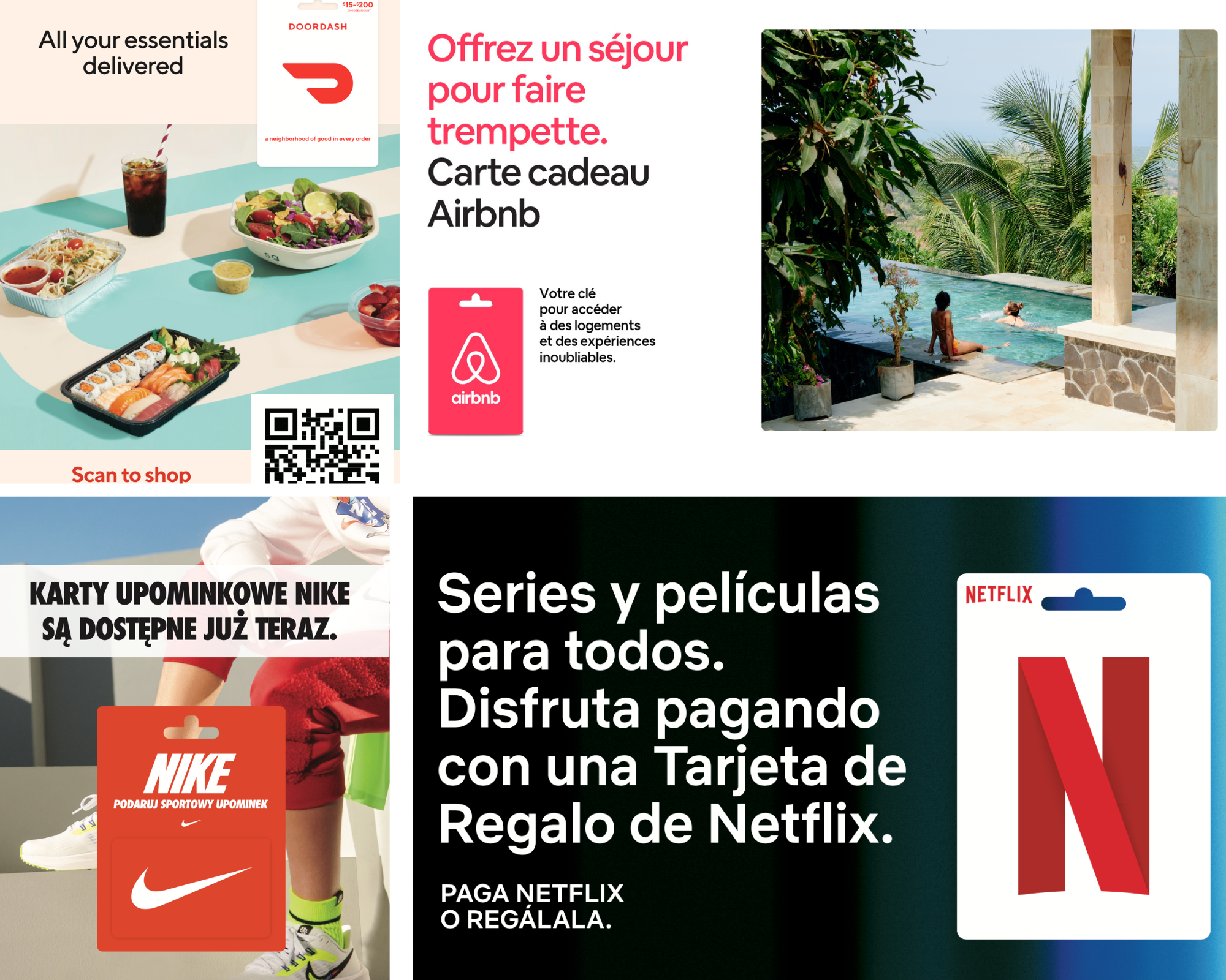 un collage de anuncios internacionales de Doordash, Airbnb, Nike y tarjetas regalo de Netflix